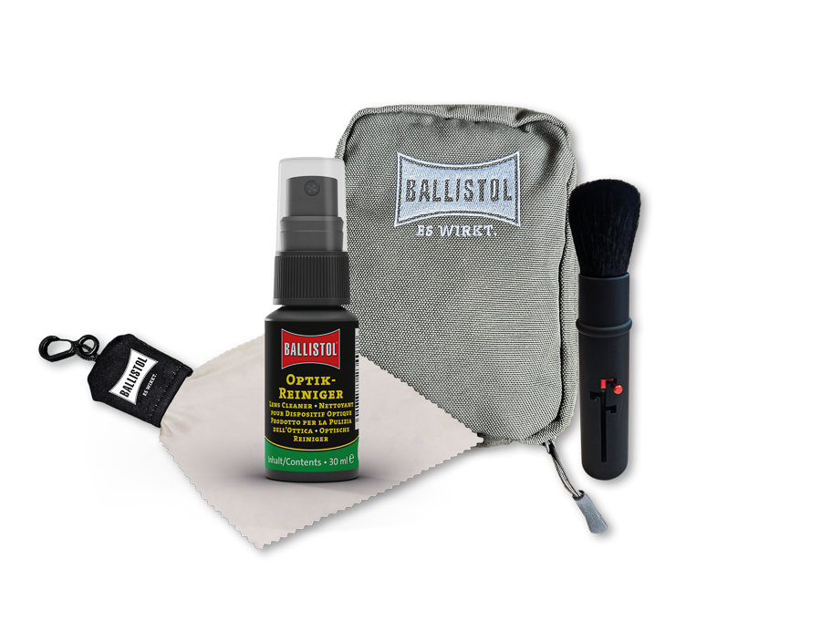 BALLISTOL Optik-Reiniger-Set mit Optik-Reiniger 30 ml, Optik-Reinigungs-Pinsel, Mikrofasertuch in olivgrüner Tasche – Bild 2