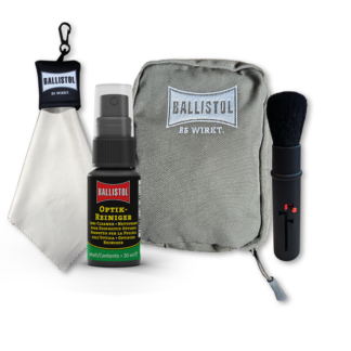 BALLISTOL Optik-Reiniger-Set mit Optik-Reiniger 30 ml, Optik-Reinigungs-Pinsel, Mikrofasertuch in olivgrüner Tasche