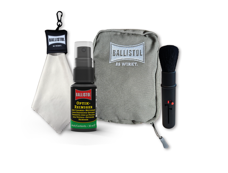 BALLISTOL Optik-Reiniger-Set mit Optik-Reiniger 30 ml, Optik-Reinigungs-Pinsel, Mikrofasertuch in olivgrüner Tasche
